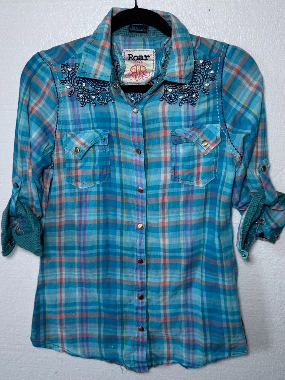 Roar Womens L Snap Front Western Shirt Embellished Plaid Rhinestone Embroidered